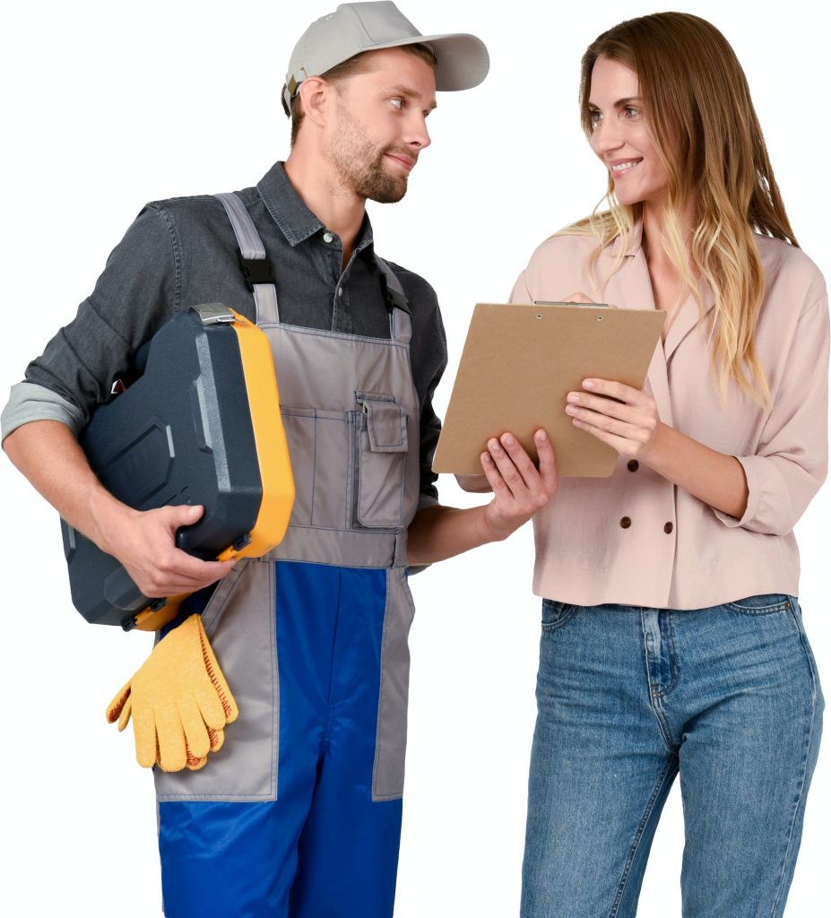 a man and a woman holding a helmet and clipboard
